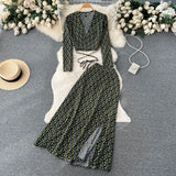 Zingj And Autumn Holiday Style Vintage Flower Suit Women's Long-Sleeved French Thin V-Neck Blouse + Forked Skirt Two