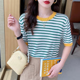 Zingj Silk Short-Sleeved Sweater Women's Thin Striped T-Shirt Large Size Korean Version Bottom Summer Half-Sleeved Chic
