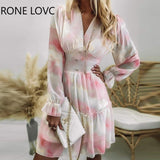 Women Chic Deep V neck Lantern Sleeve button Corse Ruffle Hem Chiffon Mini Sexy