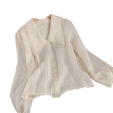 Sweet Peter Pan Collar Lace Hollow Casual Sweet Blouse Shirts Women Long Sleeve White Chemise Chic