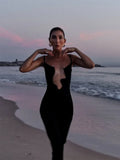 V-neck Wavy Hollow Out Sling Knitted Dress Women Elegant Sleeveless Backless Robes 2024 Lady Casual Beach Vacation