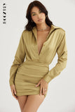 Elegant Green Satin Deep V Long Sleeve Shirt Dress for Women 2022 New Folds Mini Dress Party Office Lady Clothes