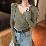 V-Necked, Shoulder Padded, Long-Sleeved T-Shirt With New Autumn And Winter Waist And Short Style Lazy Wind