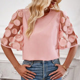 Zingj Wise Hot Style Round Collar Hollow Short-Sleeved Top Casual Lace Splicing