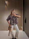 Zingj Fashion Casual Print Hollowed-Out Lace-Up With Lotus Leaf Bubble Sleeves Shirt Women's