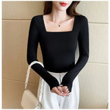 Zingj Square Collar Undershirt With The 2024 New Fall Tight Low Collar Long-Sleeved T-Shirt-Outfit