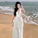 Zingj First Love Foreign Gas Lace Hollow Out Sexy Big Dew Back Deep Collar Long Money Big Place Dress Sanya Seaside