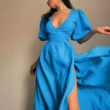 Women Fashion V-Neck Solid Draped Maxi Dress Elegant Lace-Up Slim Waist Split Dresses Summer Puff Short Sleeve Loose Long