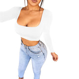 Spring Crop Top Long Sleeve Women Black Sexy Shirt White Square Neck Casual Tee Top Mujer