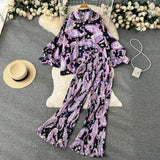 Zingj Style Two-Piece Suit Women's Autumn French Retro Print Loose Long-Sleeved Skirt High-Waist Straight Casual