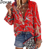 New Design Plus Size Women Blouse V-neck Long Sleeve Chains Print Loose casual Shirts Womens Tops And