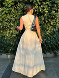 Sleeveless Spliced Zipper V-neck Maxi Dress Fashion High Waist Slim Pleated Long Dresses Summer Office Lady Street