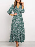Chiffon Long Dress Floral Print Lantern Sleeve A-line Maxi Vestidos Autumn New Elegant Vintage V Neck Winter