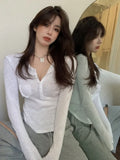Sexy Hot Knitted T Shirt Women's Summer Tops Thin Sunscreen V-neck Short Tight White Long Sleeve Top Tshirt