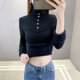 Zingj Velvet Soft Waxy Sweater Female Winter Add Velvet Warm Half Turtleneck Bottom Shirt Female Design Sense Simple Inside The