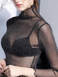Mesh Tops Long Sleeve Woman T-shirts Female Lace Tops Transparent See Through Ladies T- Shirt Femme