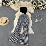 Zingj Girl Set Girl Strapless Strap Short Knit Top Print High Waist Wide Leg Trousers Two-Piece