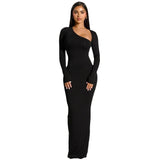Zingj Women's Long Sleeve Oblique Collar Temperament Repair Behind The Fork Long Dress
