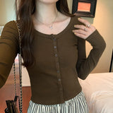 Short-Shouldered Long-Sleeved T-Shirt Women's New Autumn Cardigan Slim And Thin Round-Neck Bottomed