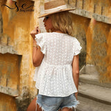 Women's Summer T-Shirt Hollow Out design Solid V-Neck Tops Casual Butterfly Sleeve