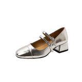 Zingj Versatile Silver Mary Jane Shoes Women 2023 Spring And Autumn Thick Heel With A Word Buckle Belt Shallow Mouth Heel Single