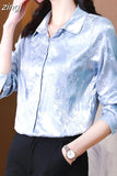 Silk Women's Blouses Shirts Long-sleeved Top Jacquard Satin Woman Shirt Solid Button Print Blouse Elegant Women
