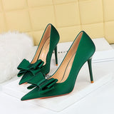 Zingj Korean Version Fashion Thin Heels, Silk, Shallow Pointed Bow Single High Heel Women's