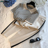 Stripe Patchwork Knitted Two Peice Set Women Turn-Down Collar Short Sleeve T-shirt+Calf-Length Pants Casual