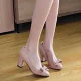 New Coarse Round Bow High Heels Bare Pink Gentle White 6 Cm Mary Jane Women's