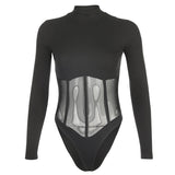Sleeve Bodysuit Fashion Mesh Patchwork O Neck Casual Spring Winter Body Sexy Women 2020 Bodysuits