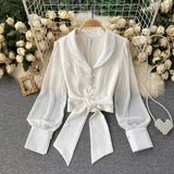 Spring Shirt V-neck Puff Sleeve Strap Slim Cropped Top Single Breasted Female Bandage Blouse