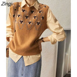 Vests Women Floral Retro Design New Stylish All-match Korean Style Ladies Creativity Basic O-neck Autumn Knitwear