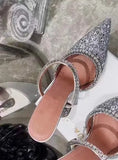 and American Popular 2020 Summer New Dazzling Pink Crystal Sequined Spool Heels Pointed High Heels Women
