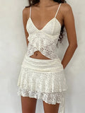 Vintage Women Lace Crop Camis Tops Sleeveless Spaghetti Strap Irregular Hem Tank V-neck Mesh See Through Summer