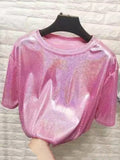 summer retro style stylish bright silk woman tops shiny loose short sleeve t-shirt sexy club aesthetic harajuku women