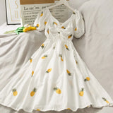 New High-waist Mid-length Pineapple Print Dress Women's Thin Lace-up High-end Dress Female