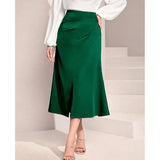 Women's High-Waisted Satin Pleated Split Skirt Solid Color Half Skirt Zipper Fishtail Hip