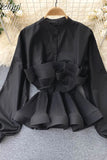 Women Yellow/Black/White Draped Ruffle Blouse Vintage Stand Collar Puff Long Sleeve Single Breasted Slim Blusas Female Tops