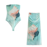 Summer Printed Silk Mesh Jumpsuit Printed Silk Mesh Half Skirt