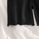 Women Black Straight Trousers Fur-lined Half Zippers Fly Denim Bottom Harajuku Pocket-shorts Streetwear Stretchy Mujer