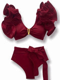 Sexy Ruffle Bikinis Women Swimsuit Print High Waist Swimwear Off The Shoulder Bathing Suit Beachwear Bandeau