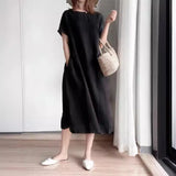 New Leisure Spring And Summer Loose Skirt Short Sleeve Round Neck Solid Cotton Linen