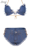 2023 New Women Denim Two-Pieces Bikini Sets Jeans Chain Decoration Halter Neck Bra& Low Waist Super Short NoPockets