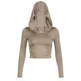 Zingj Waste Earth Wind Hooded Pile Collar Pleated T-Shirt Female Slim Long Sleeve Crop Button Solid Color Base
