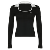 And Cool Hot Girl Style Polo Collar Printed T-Shirt Early Autumn New Sexy Clavicle Bow Long-Sleeved