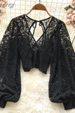 Black/White/Brown Sexy Lace Blouse Women Elegant V-Neck Puff Long Sleeve Open Back Short Tops Female Party Blusas