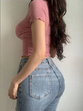 Pink Retro V-neck Ruffles Lace Eleganta Tees Sexy Navel Short T Shirt Summer Thin Super Hot Asian Girls Kroean Top
