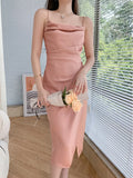Women Satin Strap Midi Sleeveless Split Dress Ruched Backless Bodycon Sexy Party Elegant Club Slim Clothes