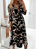 New Women's Dress V-neck Print Spring Long-sleeved Lace-up Dress with Elegant