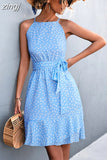 Strap Floral Dress Women Summer Boho Mini Dresses Ladies Lace Up Slim Dress Female Sexy Sleeveless Short Dress Robe